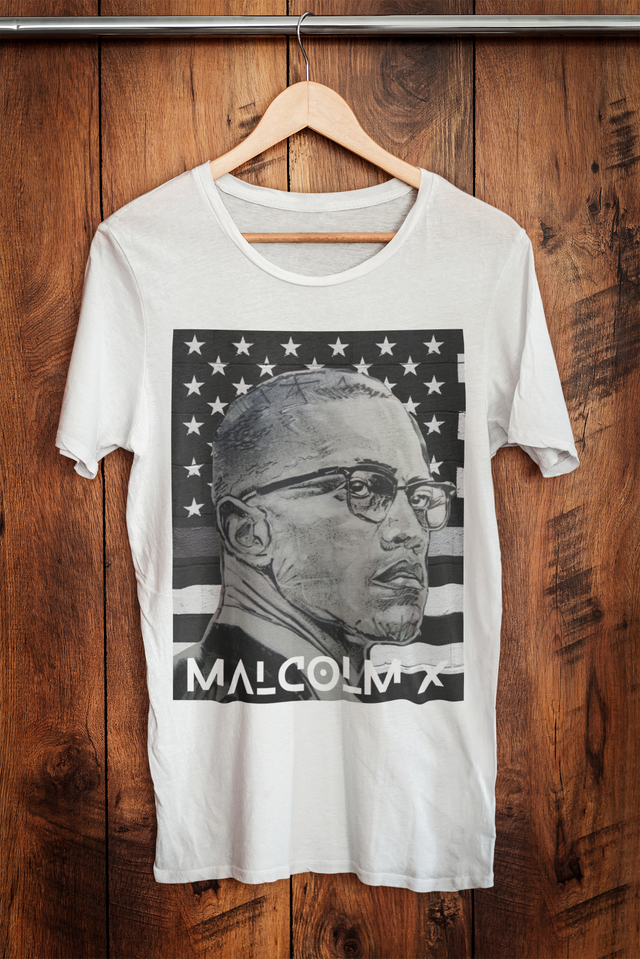 Malcolm X Behind Black American Flag T-Shirt