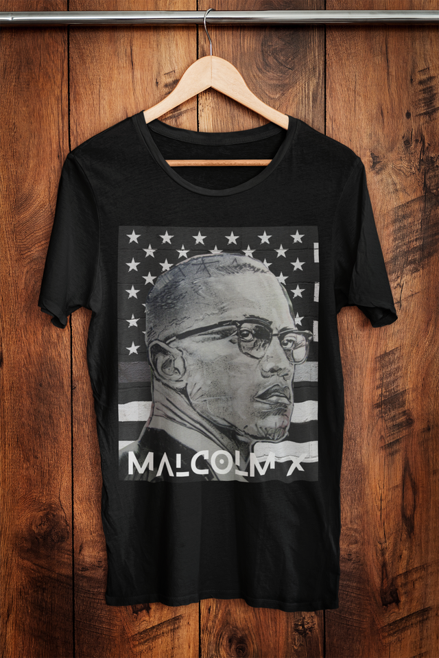 Malcolm X Behind Black American Flag T-Shirt